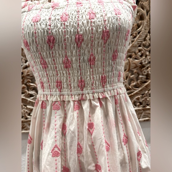 Umgee White & Pink Smocked Top Tiered Skirt Embroidered Heart Detail Maxi Dress - Picture 5 of 15